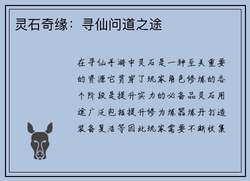 灵石奇缘：寻仙问道之途